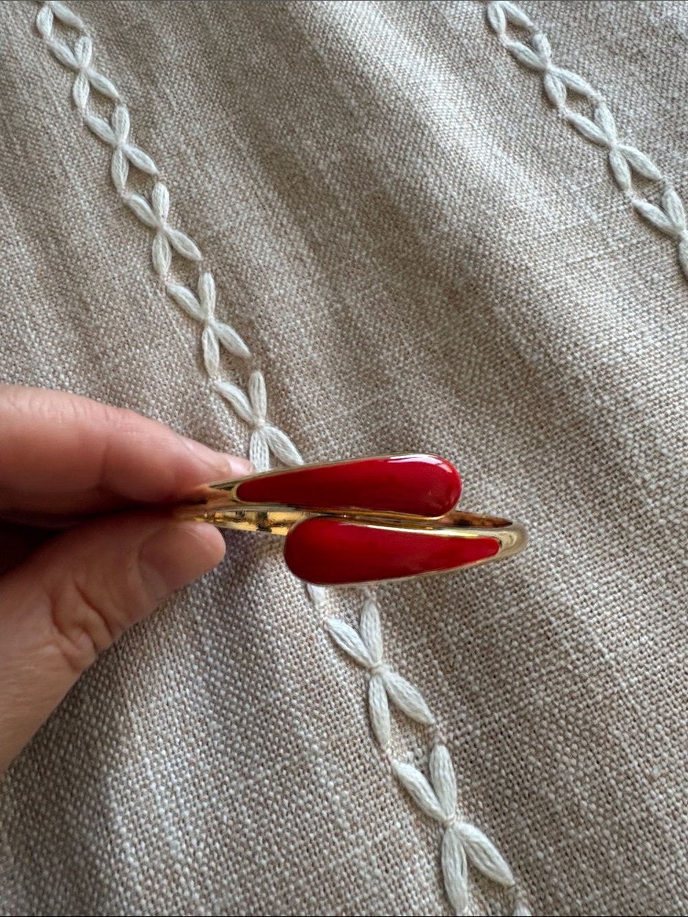 Gold Cuff Bracelet with Red Enamel Accents